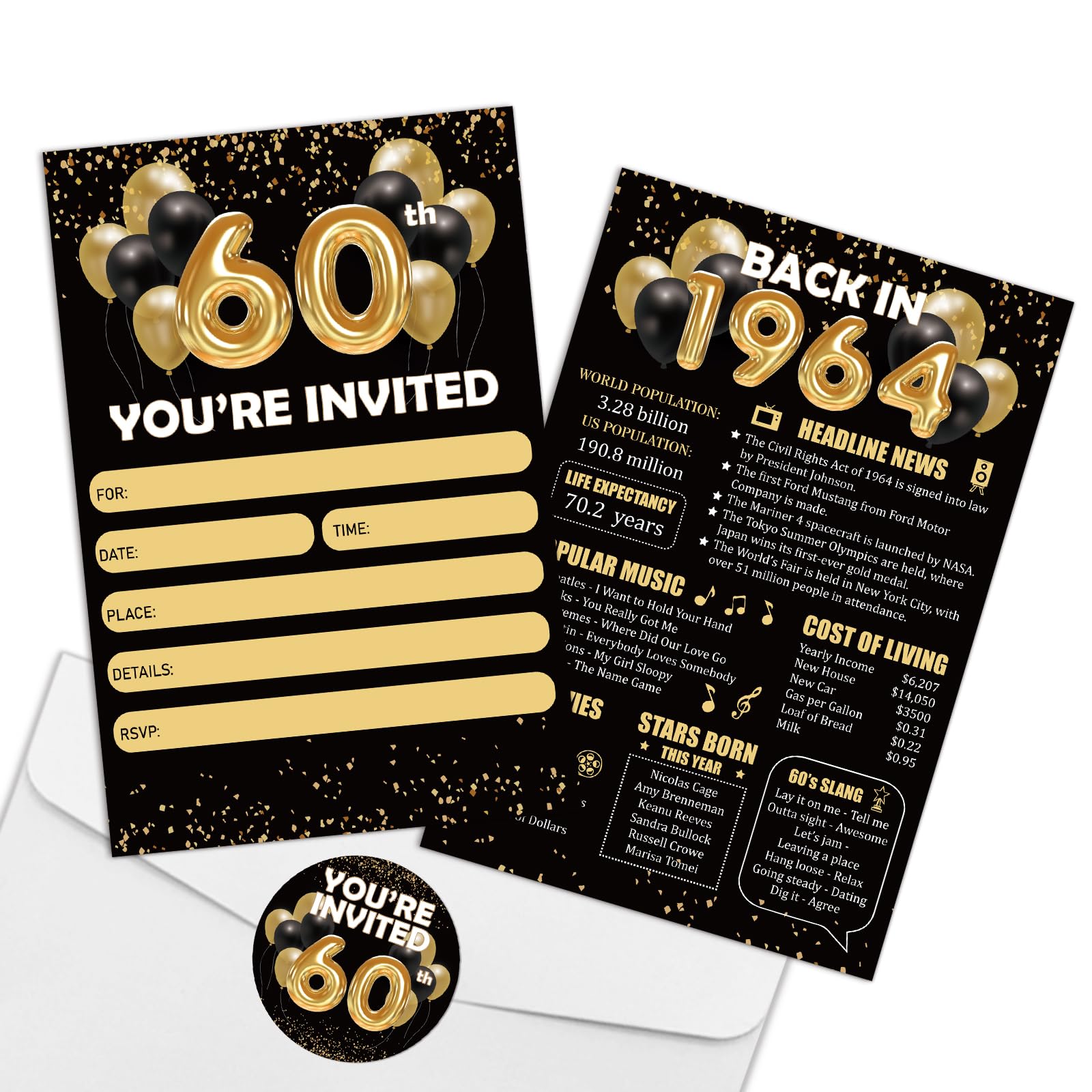 REWIDPARTY Black Gold 60th Birthday Invitations with Envelopes & Stickers（Set of 15） Back in 1964 Fill in Invitations Happy 60th Birthday Invite Cards 60 Years Old Birthday Party Supplies for Adults