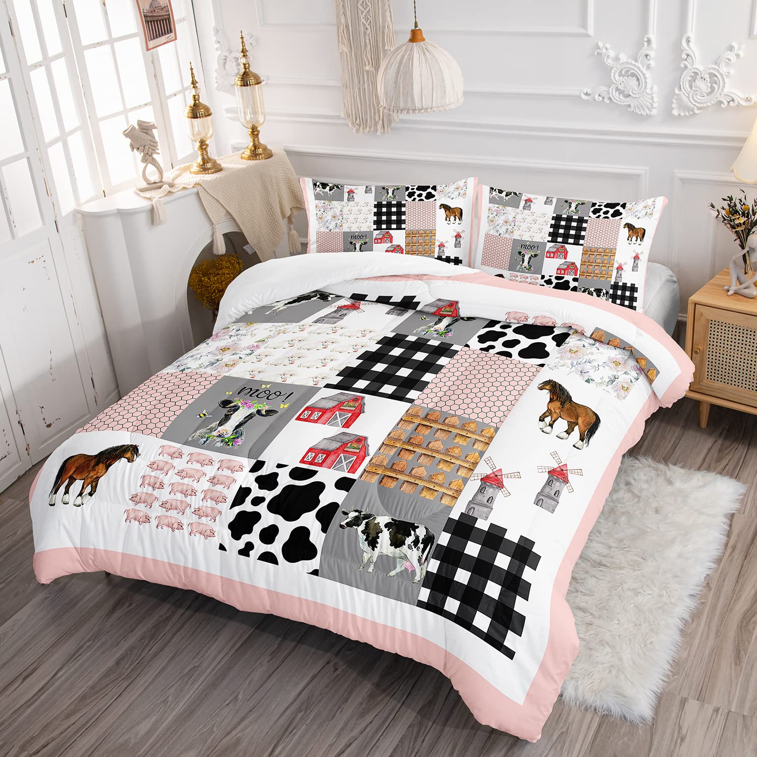 HOSIMA Cow Bedding Set,Farmhouse Comforter Western Country Style Room Decor Aesthetic,Cute Cartoon Farm Animal Pig Cow Horse Twin Bedding Sets for Girls Boys,Pink White Grid Comforter.