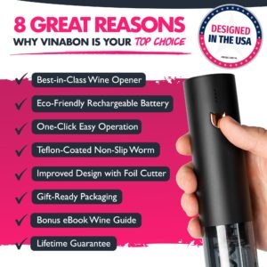 VINABON Electric Wine Opener - Premium 2025 Rechargeable Wine Bottle Opener Corkscrew with Foil Cutter, One-Touch Automatic Operation & LED Lights. Includes Wine Guide eBook