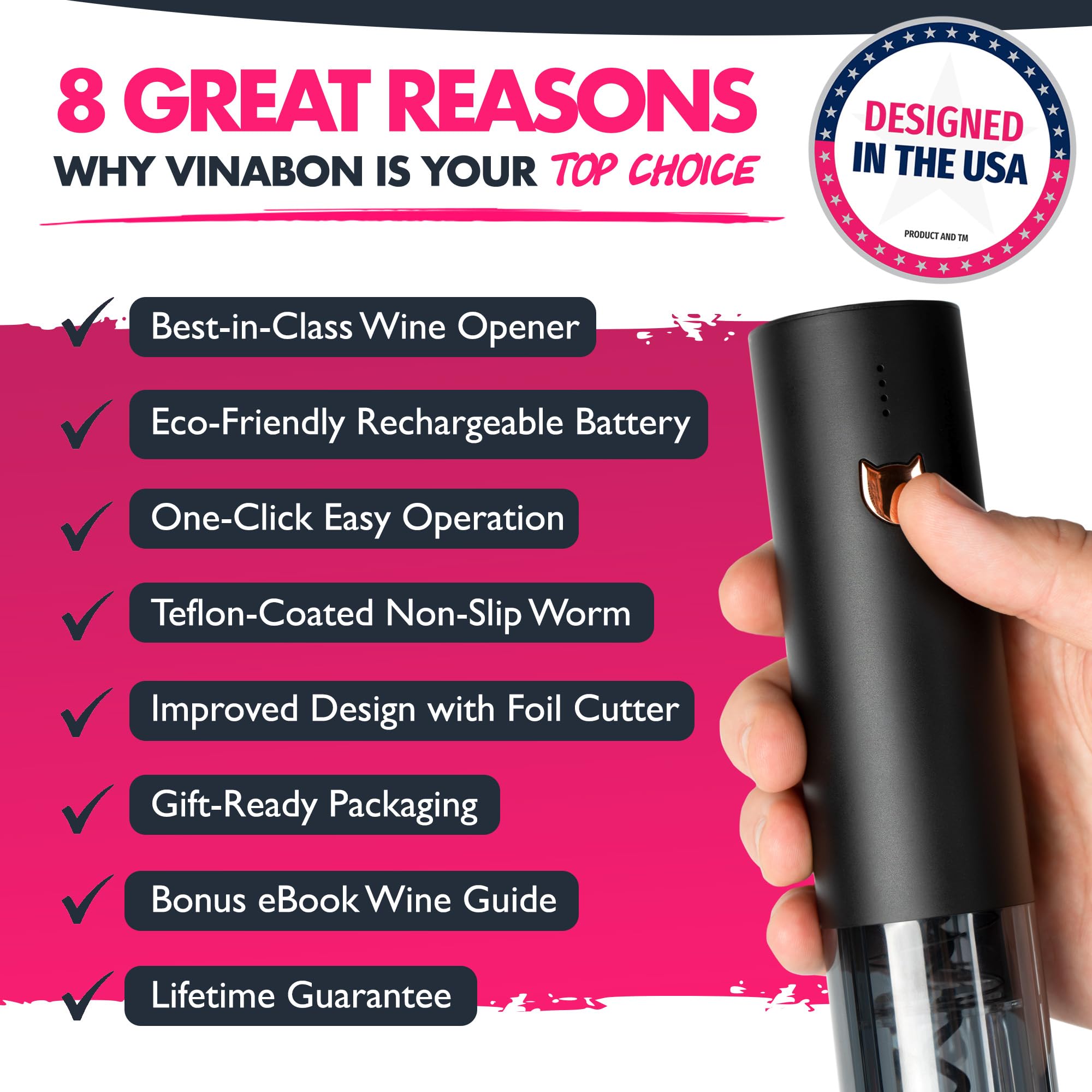 VINABON Electric Wine Opener - Premium 2025 Rechargeable Wine Bottle Opener Corkscrew with Foil Cutter, One-Touch Automatic Operation & LED Lights. Includes Wine Guide eBook