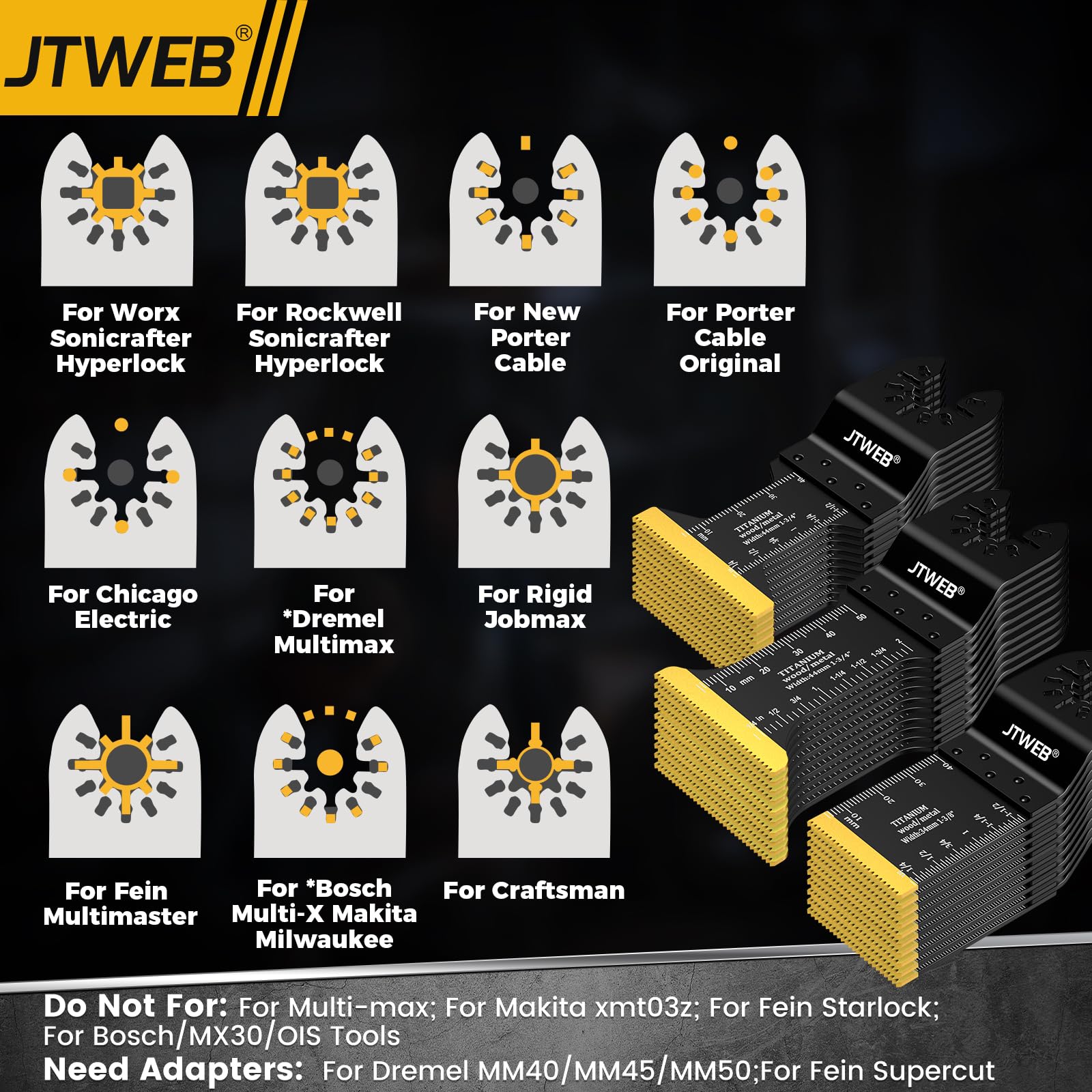 JTWEB 15PCS Titanium Oscillating Saw Blades, Multitool Blades Oscillating Tool Blade Metal Cutting for Wood Nails, Screws, Plastic, Multi Tool Blades Kits for Milwaukee Bosch Ryobi