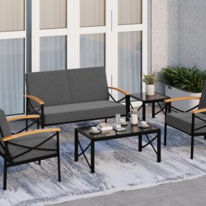 Shintenchi 5 Piece Outdoor Patio Furniture Set, Metal Sofa Conversation Set, Including Loveseat, Two Single Chairs and Two Coffee Tables for Backyard, Patio, Balcony, Poolside (Dark Grey)