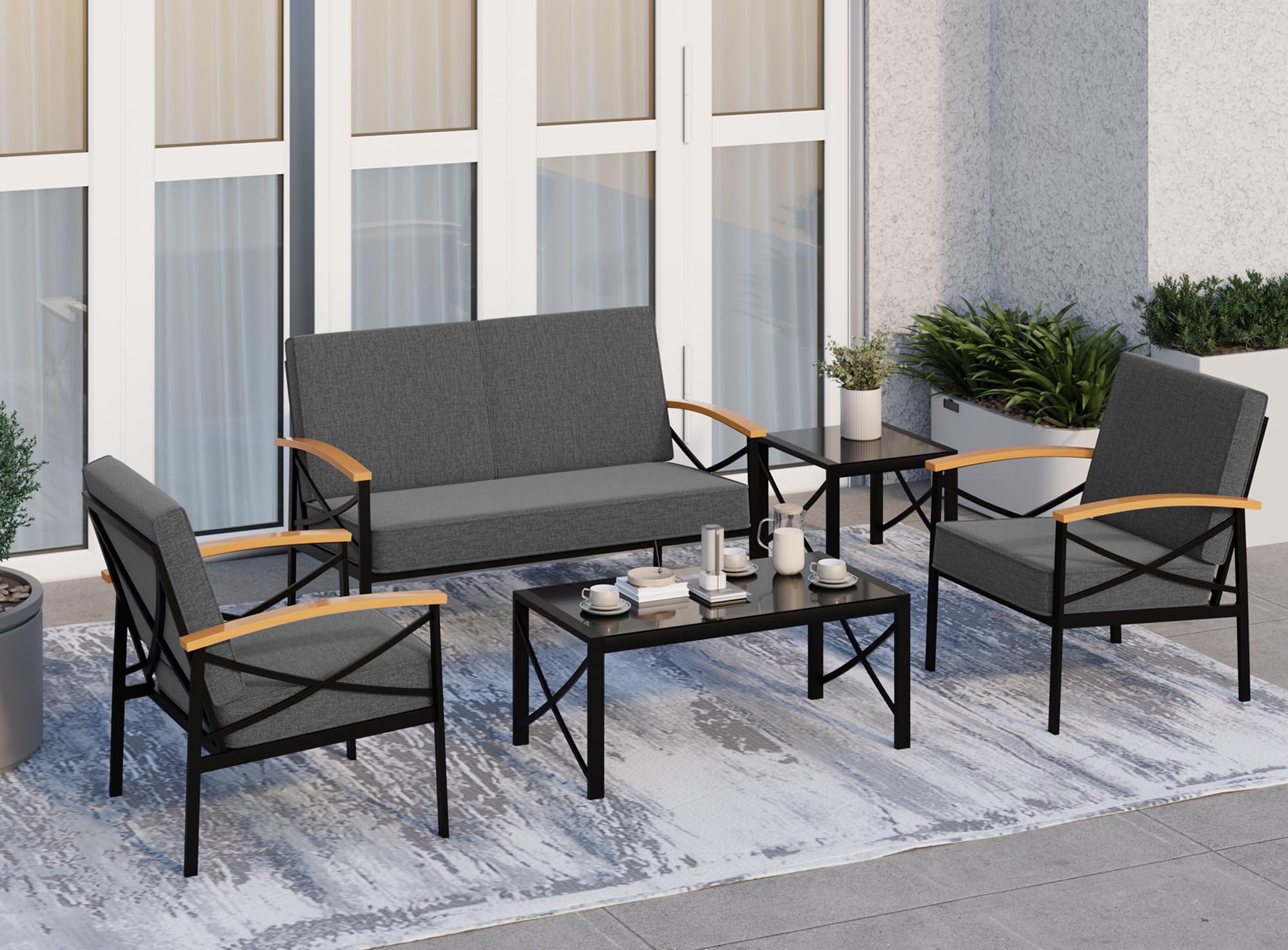 Shintenchi 5 Piece Outdoor Patio Furniture Set, Metal Sofa Conversation Set, Including Loveseat, Two Single Chairs and Two Coffee Tables for Backyard, Patio, Balcony, Poolside (Dark Grey)