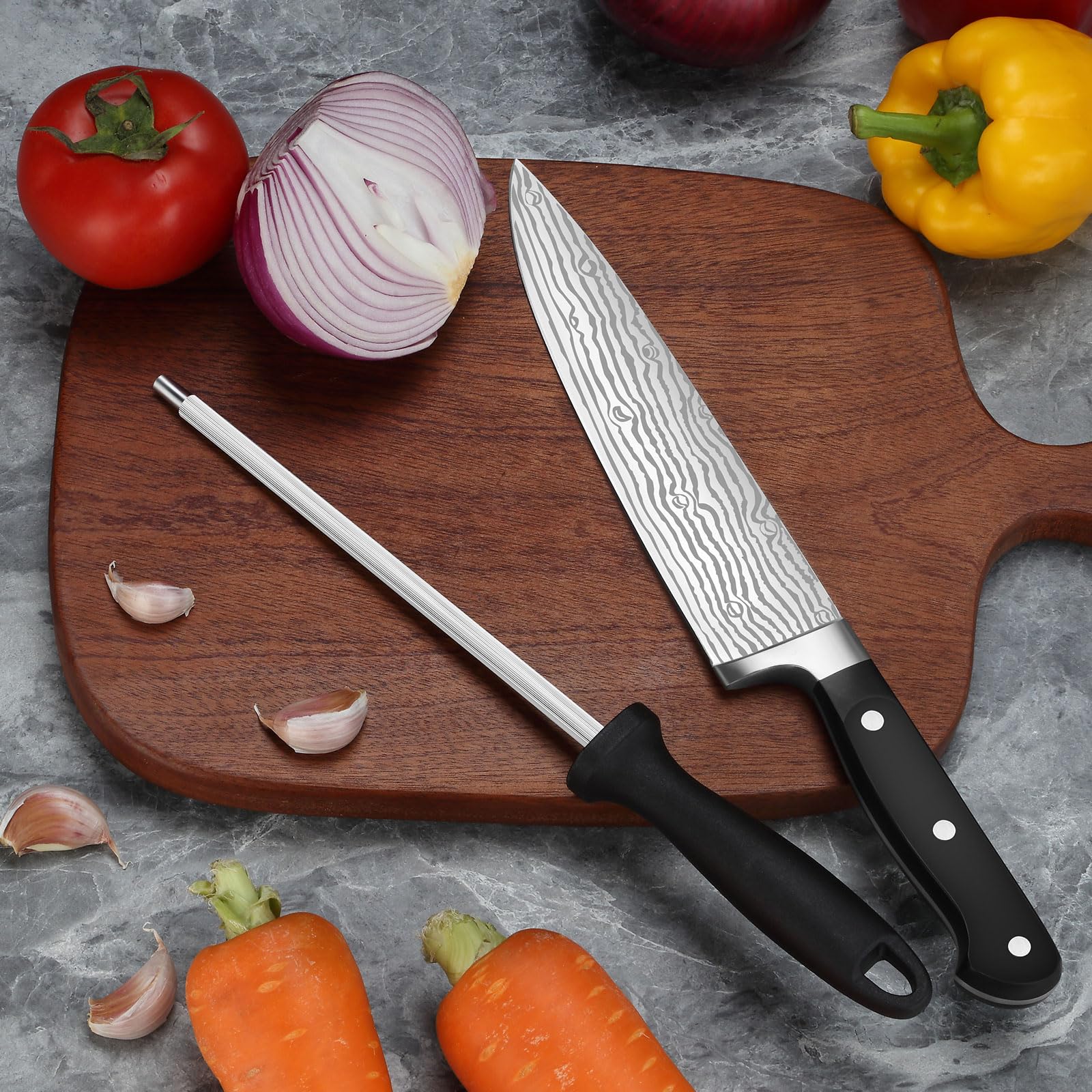 Chef knives (8.3 inch), Unokit Professional chef knife and honing steel, stainless steel, Ergonomic Handle, Ultra Sharp Chef Knife, Non-Stick Kitchen Knife, Chefs Knives and Honing Steel with Gift Box