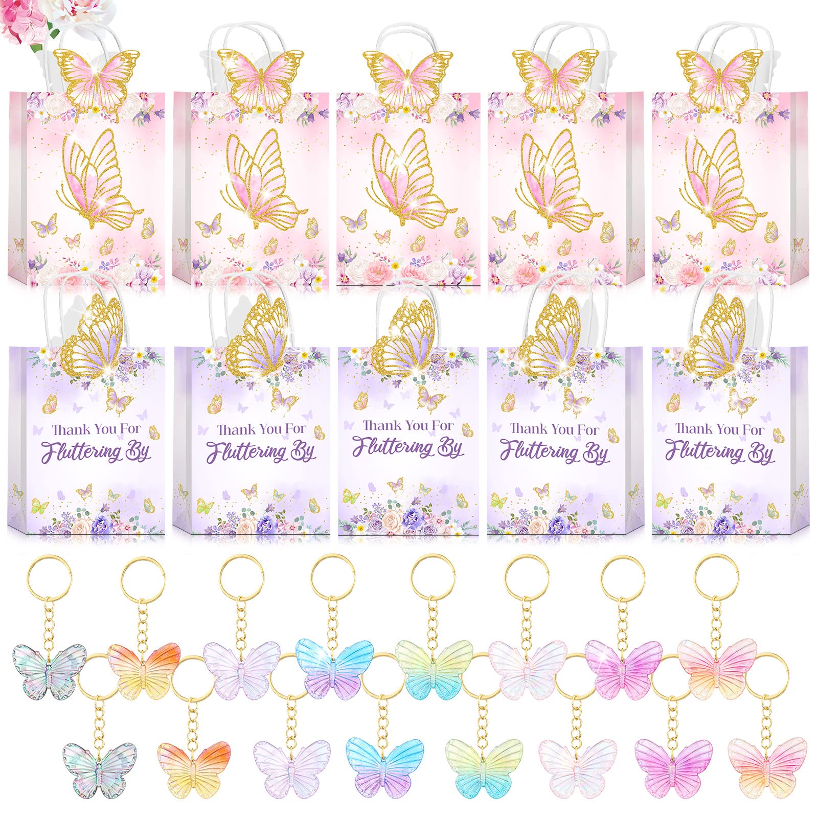 Leinuosen 32 Pieces Butterfly Party Favors Bags Set 16 Thank You for Fluttering by Gift Bag 16 Pcs Butterfly Keychains Butterfly Paper Bags Butterfly Goodie Bag Treat Bag for Baby Shower Party Favors