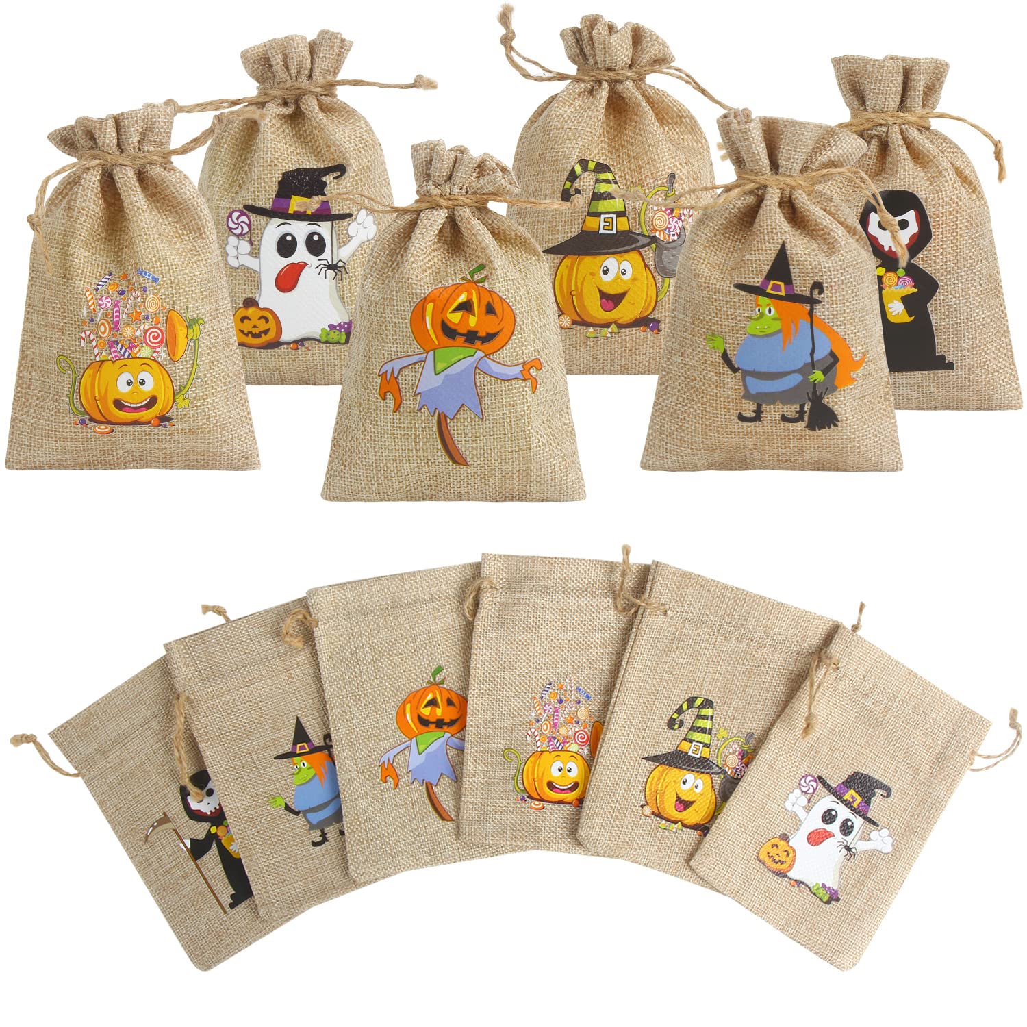 LOKIPA 36 Pcs Halloween Burlap Gift Bags with Drawstring Small Jute Pouches for Kids Adults Party Supplies