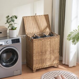 Laundry Hamper with Lid, 190L Large Laundry Basket 3 Section with 6 Removable Liner Bags & 3 Mesh Laundry Bags, Handwoven Rattan Clothes Hamper with Heightened Feet, No Install Needed, Natural