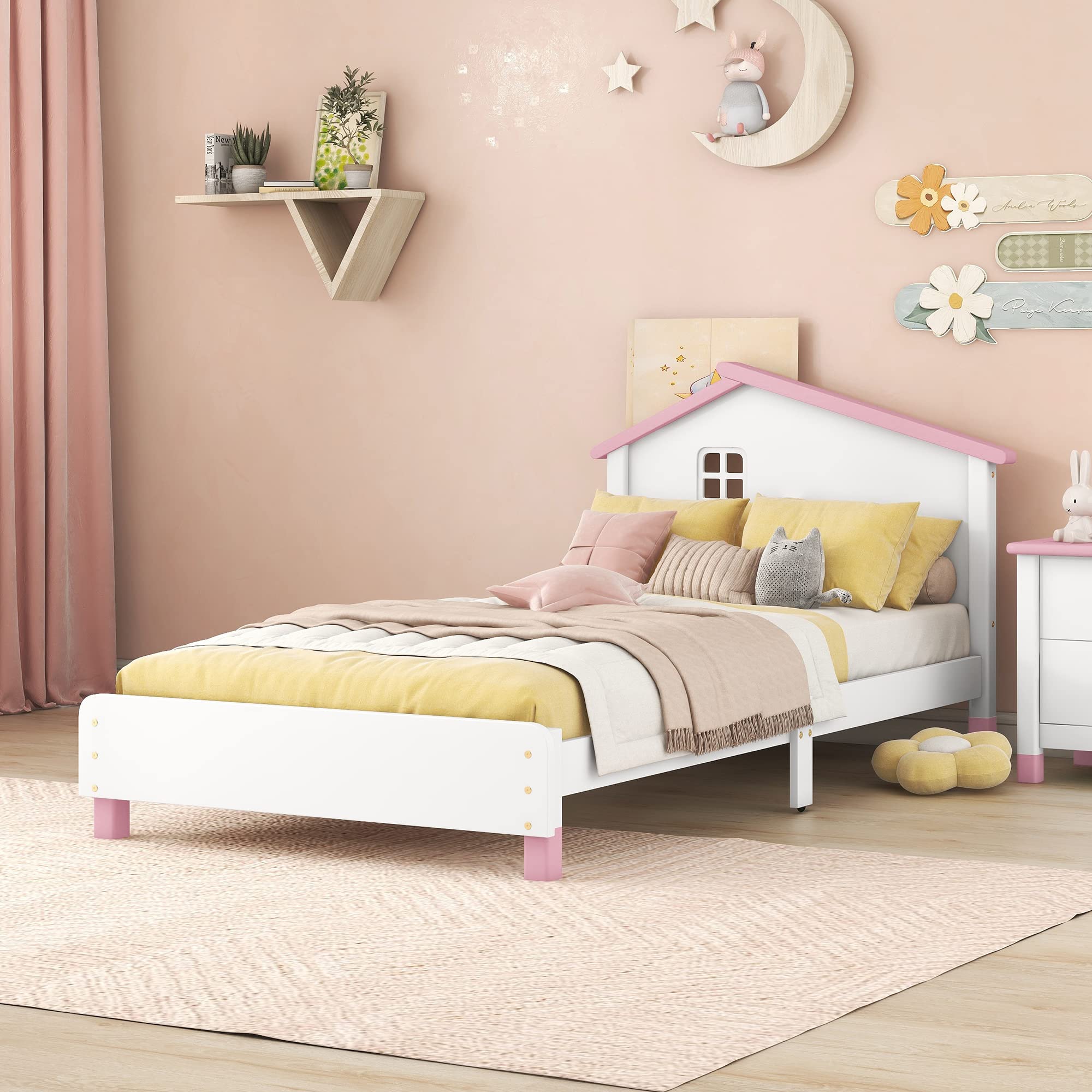 Bellemave Twin Platform Bed with Headboard, House Twin Bed with Support Slats, Wood Kids Twin Size Bed for Boys Girls, No Box Spring Needed, Bedroom Furniture (White+Pink)