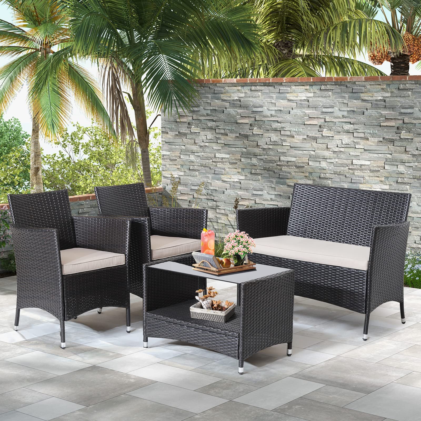 Tangkula 4 Pieces Patio Furniture Set, Patiojoy Outdoor PE Wicker Conversation Set with Soft Cushions and Tempered Glass Tabletop, Outdoor Garden Furniture Set with 2-Tier Coffee Table (Brown)