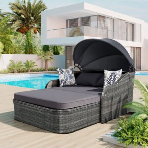 outdoor sunbed with retractable canopy, rattan wicker patio daybed with washable cushions and pillows, chaise chair sunbed for garden poolside backyard, gray wicker