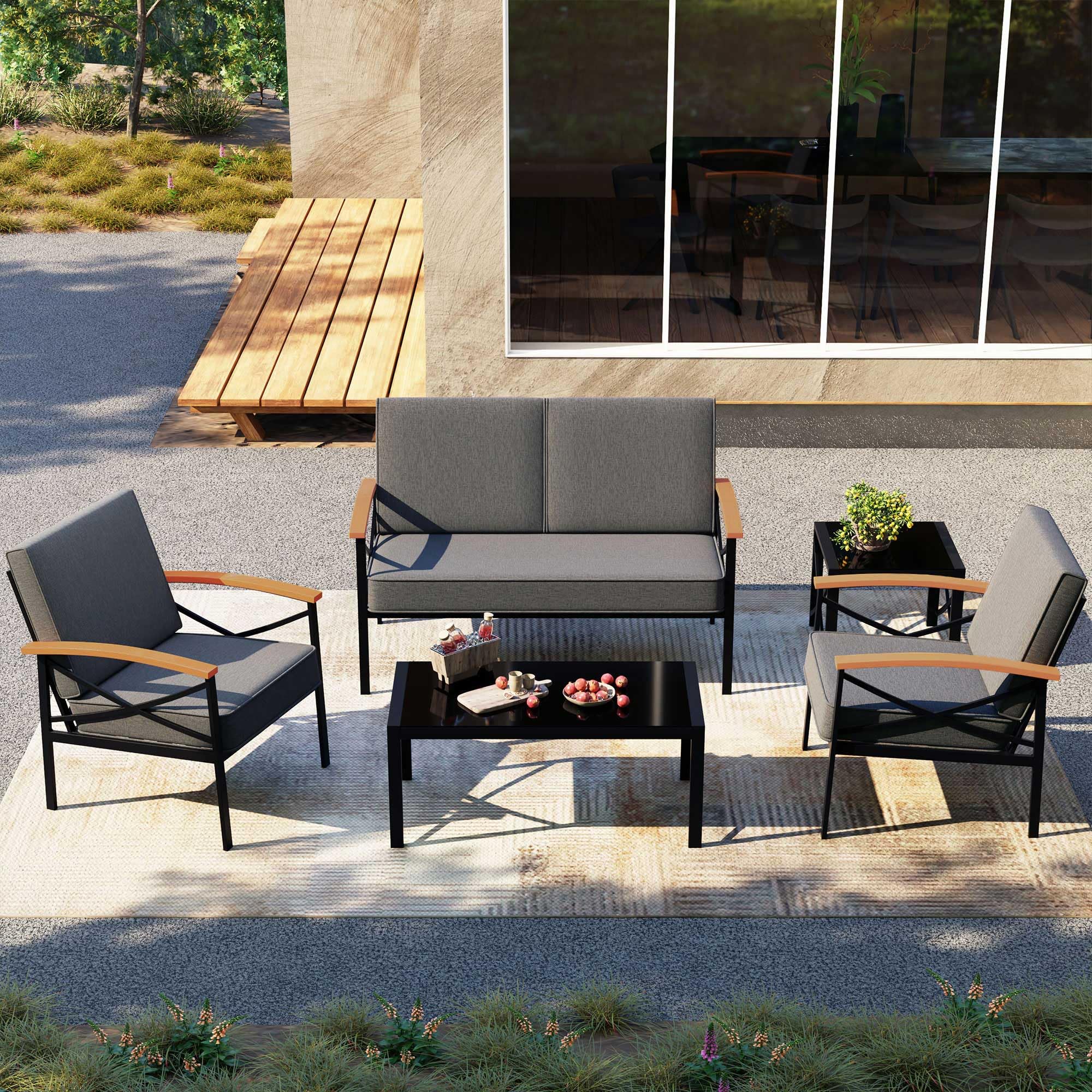 Shintenchi 5 Piece Outdoor Patio Furniture Set, Metal Sofa Conversation Set, Including Loveseat, Two Single Chairs and Two Coffee Tables for Backyard, Patio, Balcony, Poolside (Dark Grey)