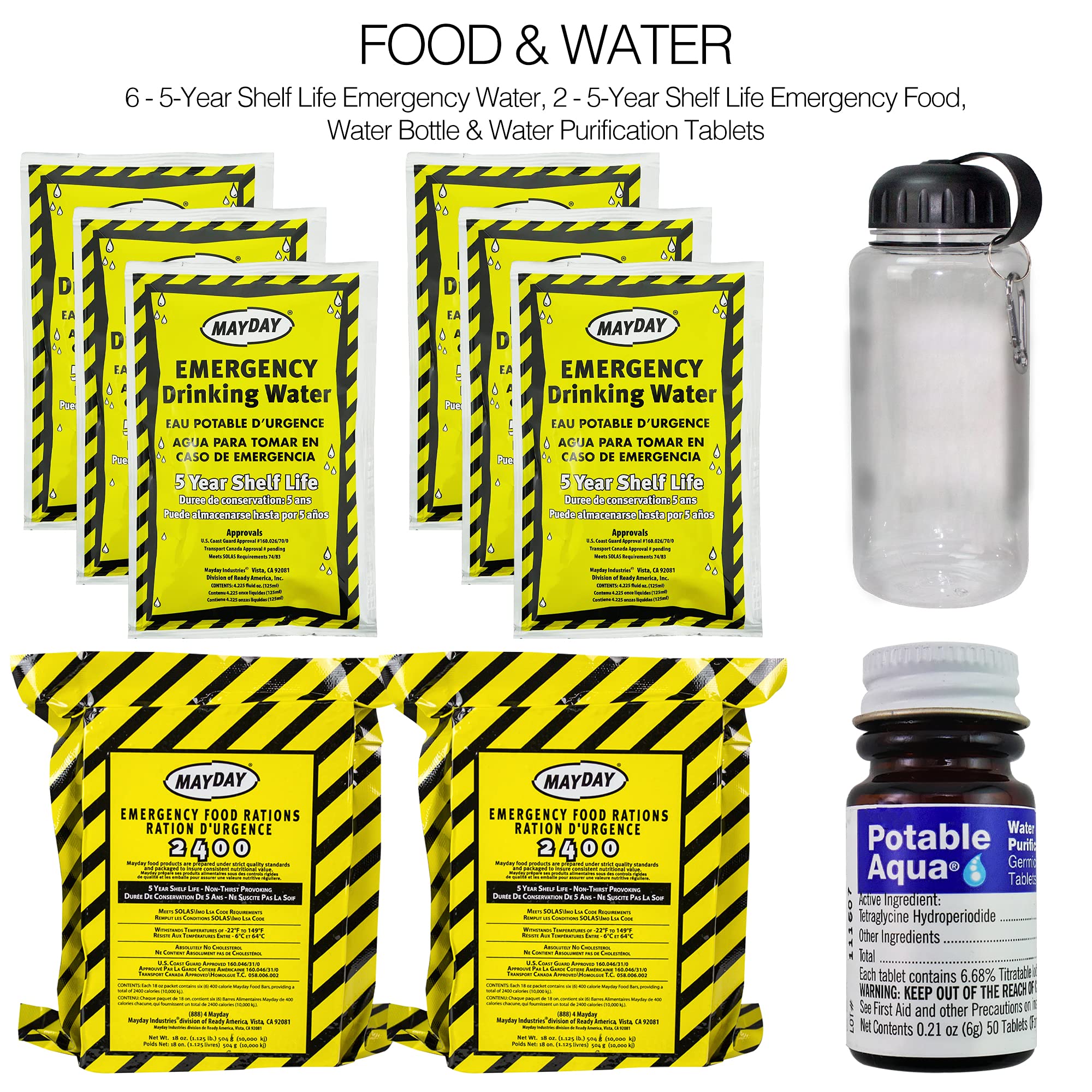 Ready America 72 Hour Deluxe Emergency Kit & Datrex Emergency Water Packet 4.227 oz - 3 Day/72 Hour Supply (18 Packs), White