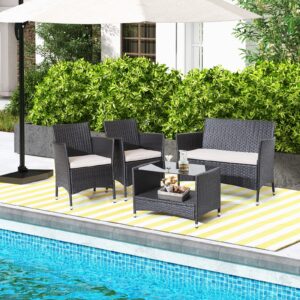 Tangkula 4 Pieces Patio Furniture Set, Patiojoy Outdoor PE Wicker Conversation Set with Soft Cushions and Tempered Glass Tabletop, Outdoor Garden Furniture Set with 2-Tier Coffee Table (Brown)