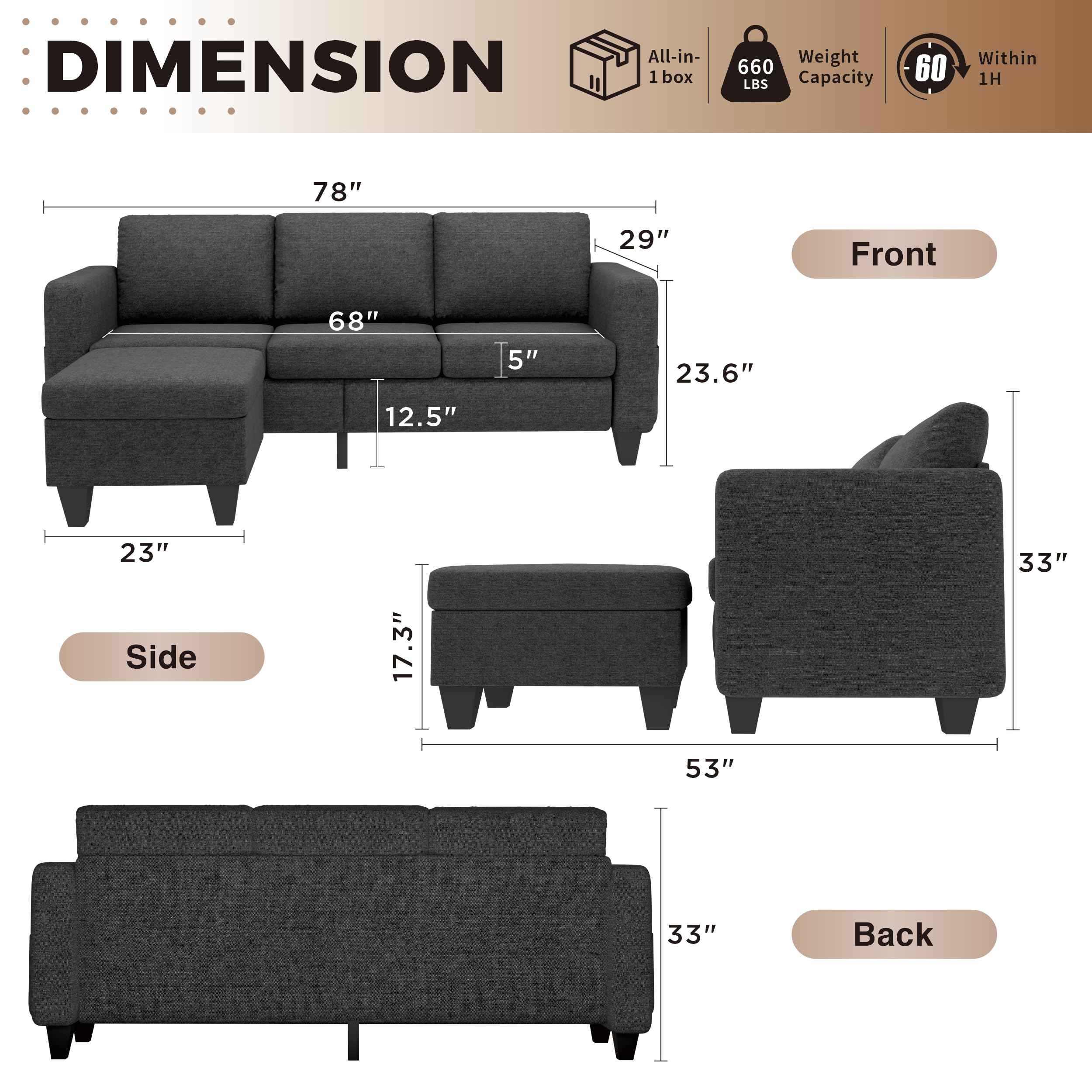 Youmumeub Sectional Sofa Couch, Convertible L Shaped Couches with Ottoman, Dark Grey Modern Small Modular Sofas for Living Room, Apartment Small Space