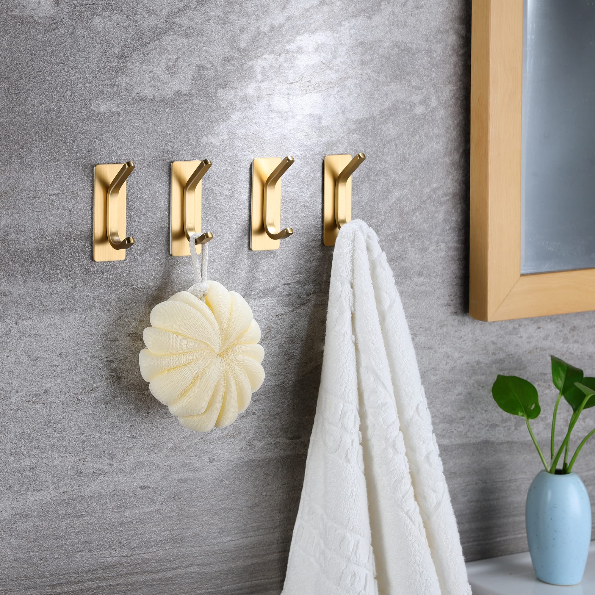 Taozun Adhesive Hooks - Gold Towel Hooks Coat Hooks, Stainless Steel 4-Pack Wall Hooks for Hanging Robe Sponges in Bathroom and Bedroom