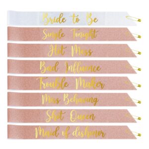 bride/bridesmaid sash(8 pack) glitter sash, team bride sash,bachelorette sash set for bridesmaids,maid of honor, bridal shower and hen party decorations, favors,accessories and supplies, to be bride