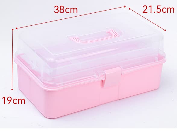 Pink Craft Box Art Box 3-Layer Plastic Portable Storage Box with Handle, Nail Sewing Organizer, Pink Toolbox, Hair Supplies Storage Box