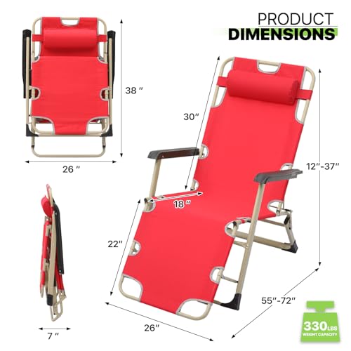 Magshion 2 Pieces Patio Folding Lawn Lounge Chairs Outdoor Lounger Chair Camp Reclining Lounge Chair with Additional Support Bar and Adjustable Headrest for Poolside Backyard