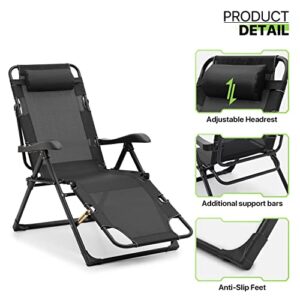 Magshion Folding Reclining Patio Chairs, Adjustable Folding Reclining Lounge Chair with Additional Support Bar and Headrest Patio Lawn Recliner for Outdoor Pool Camp Yard, 300 lbs (Black)