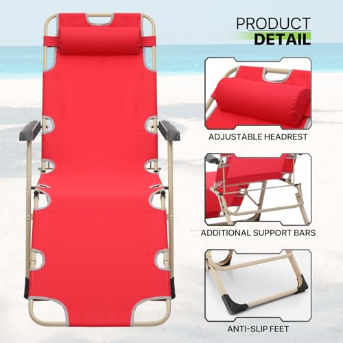 Magshion Folding Reclining 3-Position Patio Chairs Outdoor Chaise Lounge Chairs Patio Furniture Folding Portable Outside Recliner Chair for Poolside Backyard and Beach, 300 lbs (Red)