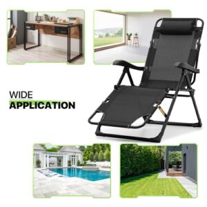 Magshion Folding Reclining Patio Chairs, Adjustable Folding Reclining Lounge Chair with Additional Support Bar and Headrest Patio Lawn Recliner for Outdoor Pool Camp Yard, 300 lbs (Black)