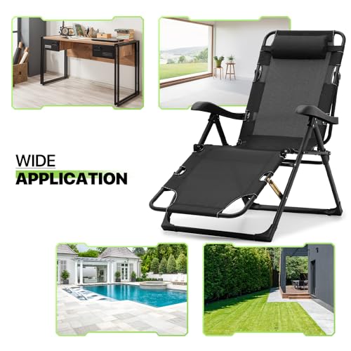 Magshion Folding Reclining Patio Chairs, Adjustable Folding Reclining Lounge Chair with Additional Support Bar and Headrest Patio Lawn Recliner for Outdoor Pool Camp Yard, 300 lbs (Black)