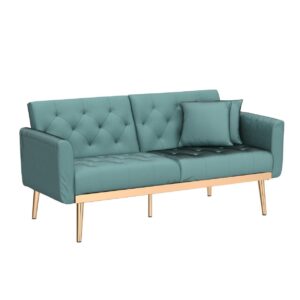 Convertible Velvet Futon Sofa Bed, Upholstered Loveseat Sleeper Couch with 3 Reclining Angles and 2 Pillows, Modern Living Room Sofa Couch with 5 Solid Metal Legs for Guest Room, Office, Mint Green