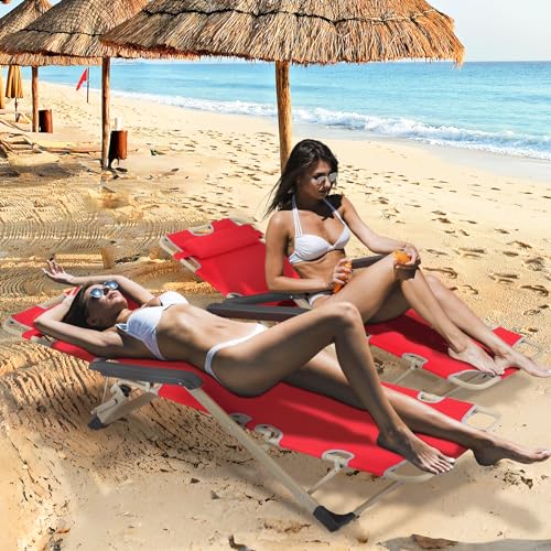 Magshion 2 Pieces Patio Folding Lawn Lounge Chairs Outdoor Lounger Chair Camp Reclining Lounge Chair with Additional Support Bar and Adjustable Headrest for Poolside Backyard