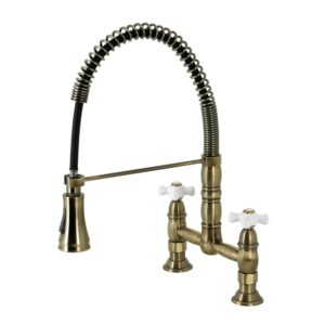 kingston brass heritage two-handle deck-mount pull-down sprayer kitchen faucet antique brass antique