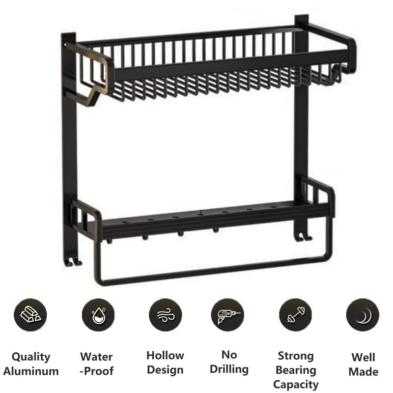 Bathroom Shelf Over The Toilet Storage Shelf 2 Tiers Floating Shelves Wall Mounted Bathroom Shelves Black Metal Bathroom Storage Organizer with Towel Bar and Removable Hooks