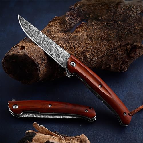 Omesio Damascus Folding Pocket Knife with Leather Sheath, Handcrafted 5-Inch Damascus Steel Hunting Knife with Vg10 Core, Wooden Handle, EDC Japanese Knife with Liner Lock for Outdoor Survival Camping