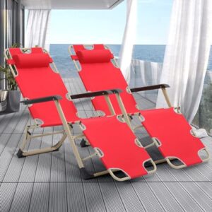 Magshion 2 Pieces Patio Folding Lawn Lounge Chairs Outdoor Lounger Chair Camp Reclining Lounge Chair with Additional Support Bar and Adjustable Headrest for Poolside Backyard