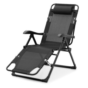 magshion folding reclining patio chairs, adjustable folding reclining lounge chair with additional support bar and headrest patio lawn recliner for outdoor pool camp yard, 300 lbs (black)