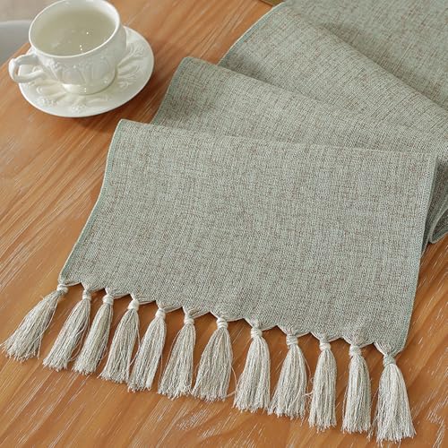 Laolitou Green Table Runners 72 Inches Long for Home Decor, Boho Farmhouse Spring Table Runner, Burlap Linen Style Rustic Dining Table Decor Long, 13x72 Inches, Sage Green