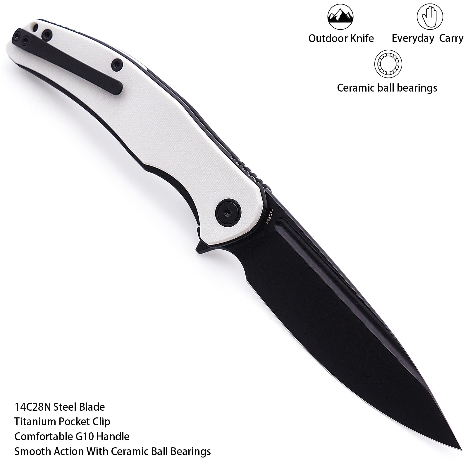 Miguron Knives M Velona Folding Knife,4.03" Black PVD 14C28N Blade White G10 Handle With Titanium Pocket Clip,Camping Hiking Pocket Knife MGR-8003WHII