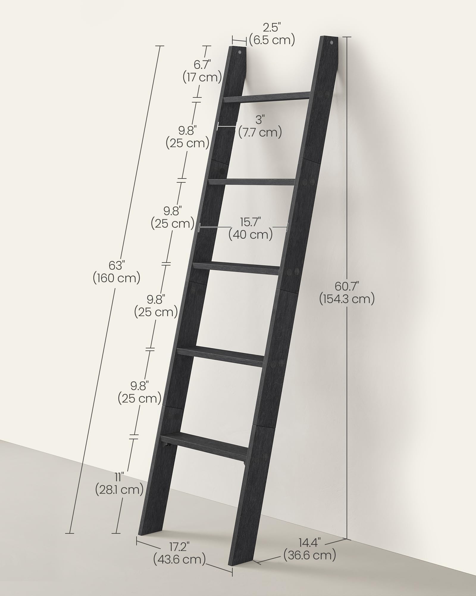 VASAGLE Blanket Ladder Decorative Farmhouse for The Living Room, 5-Tier Ladder Shelf, Ladder Rack for Storage and Decor, Ebony Black ULLS018B56