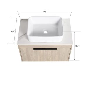 JIBIO 30" Floating Bathroom Vanity, White Flat Stone Countertop Ceramic Sink for Contemporary Bath with 2 Soft-Closing Doors and Ceramic Basin Sink Space-Saving Wall-Mounted Design