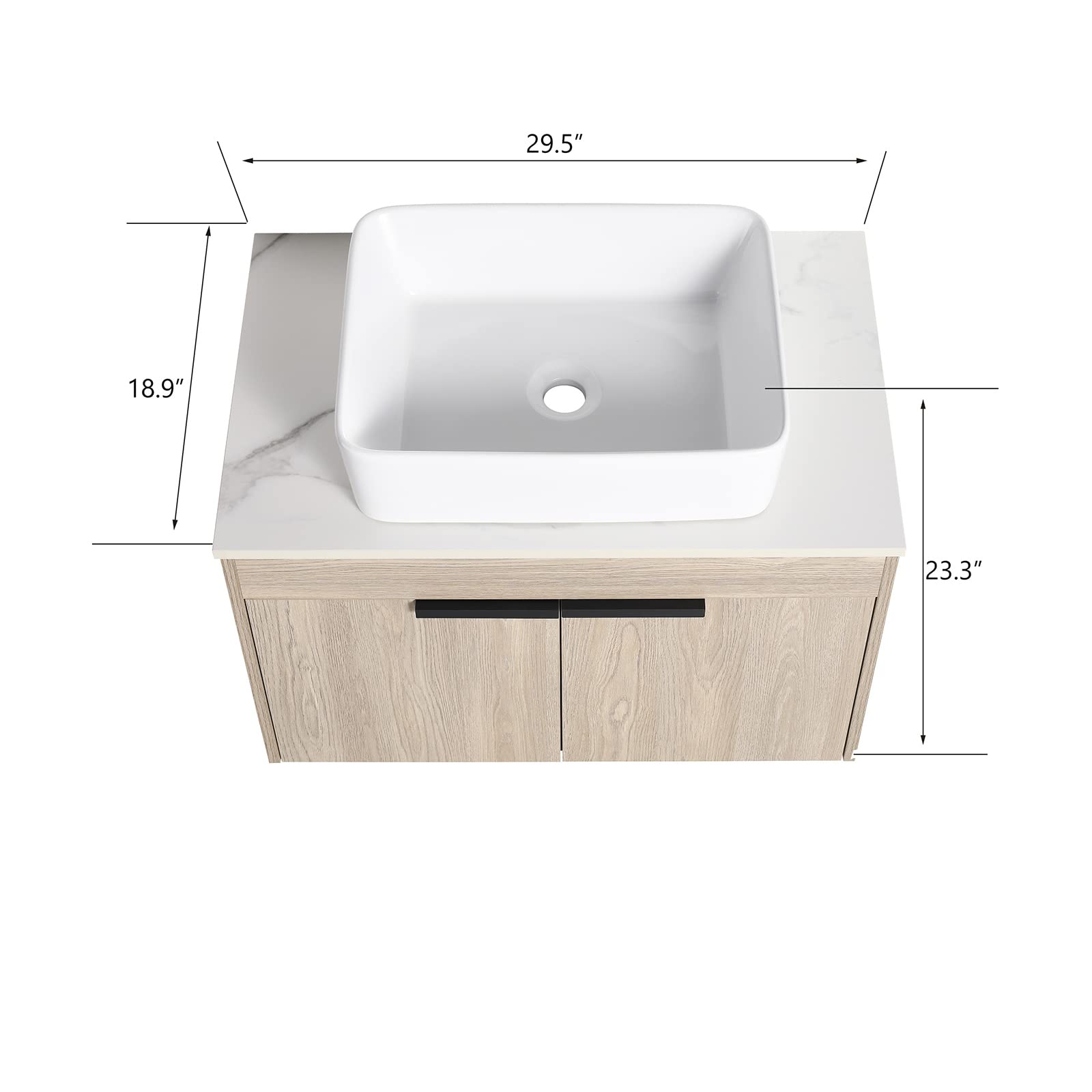 JIBIO 30" Floating Bathroom Vanity, White Flat Stone Countertop Ceramic Sink for Contemporary Bath with 2 Soft-Closing Doors and Ceramic Basin Sink Space-Saving Wall-Mounted Design