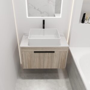 jibio 30" floating bathroom vanity, white flat stone countertop ceramic sink for contemporary bath with 2 soft-closing doors and ceramic basin sink space-saving wall-mounted design