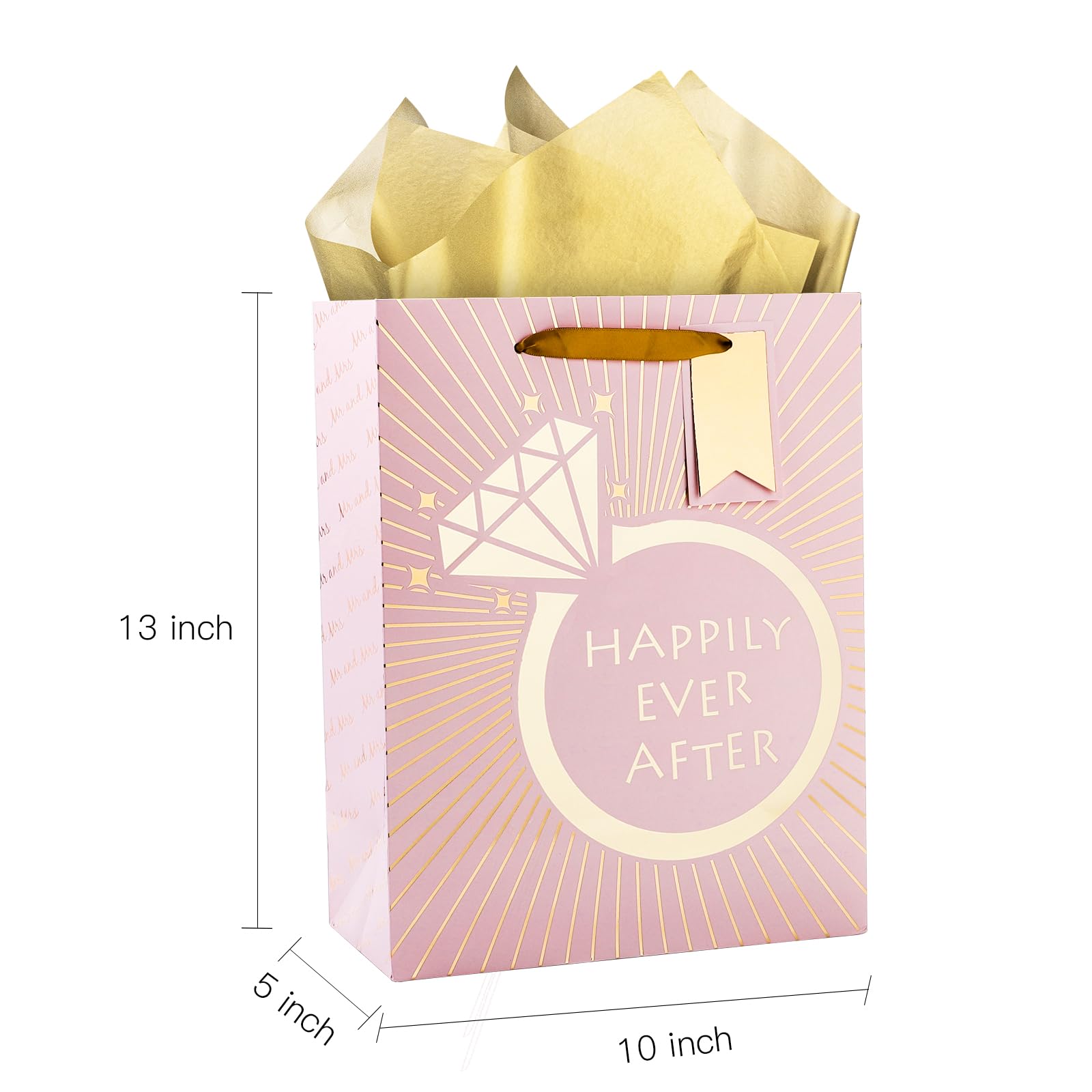 Loveinside Wedding Gift Bag with Tissue Paper, Gift Tag and Greeting Card for Wedding, Birthday, Party, and More - 10" x 5" x 13", 1 Pcs, Wedding Ring Pink