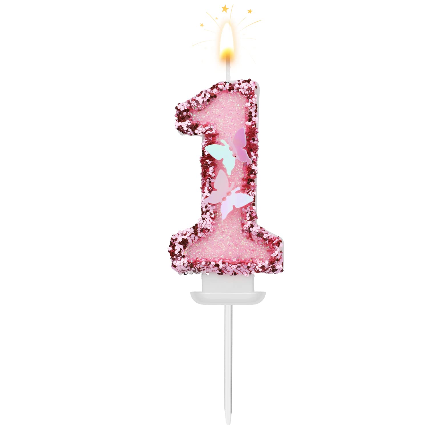 3 X 2 Inch Birthday Number Candles, Glitter Number Candles Pink Butterfly Birthday Candles Cake Topper with Sequins for Anniversary Celebrations Supplies (Number 1)