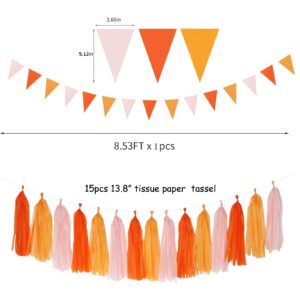 Pink-Orange Groovy Party-Decorations Pom-Poms Streamers - 23pcs Fall Autumn Thanksgiving Harvest Tissue Tassel Garland Banner,Birthday Baby Bridal Shower Engagement Wedding Decor Lasting Surprise