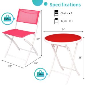 HAPPYGRILL 3 Pieces Patio Folding Bistro Set, Outdoor Foldable Chair & Table Set with Breathable Fabric, Tempered Glass Tabletop, Small Conversation Furniture Set for Porch Balcony Poolside Yard