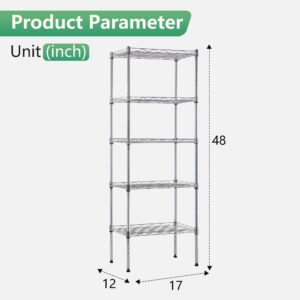 FDW 5 Tier Wire Shelving Adjustable Metal Shelves 17L x 12W x 48H NSF Pantry Shelves Storage Rack Shelving Units for Kitchen Garage Small Places Commercial,Chrome