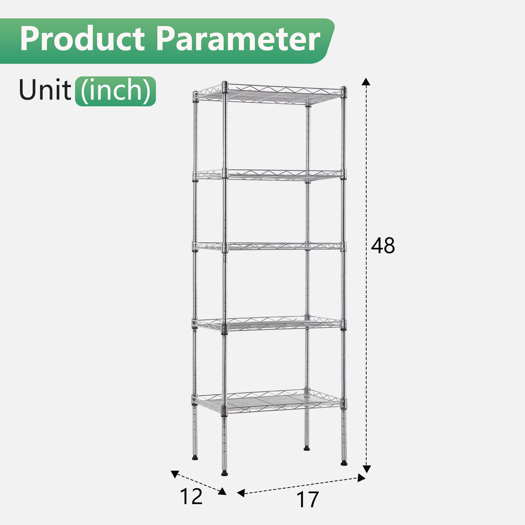 FDW 5 Tier Wire Shelving Adjustable Metal Shelves 17L x 12W x 48H NSF Pantry Shelves Storage Rack Shelving Units for Kitchen Garage Small Places Commercial,Chrome