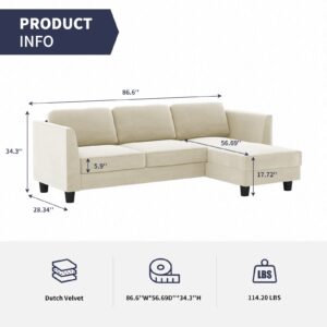 ZAFLY 87" Convertiable L Shaped Sofa Couch with Revisiable Chaise, Upholstered 3 Seat Sofa with Bbreathable Velvet Fabric for Living Room, Sectional Sofas -Beige