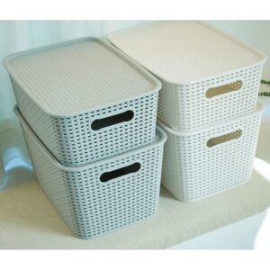 OLLIC Plastic Bins Large Storage with Lids | Korean Organizer Bin Basket Set for Organizing Baskets in Closet and Home (GRAY, LARGE_4PK)