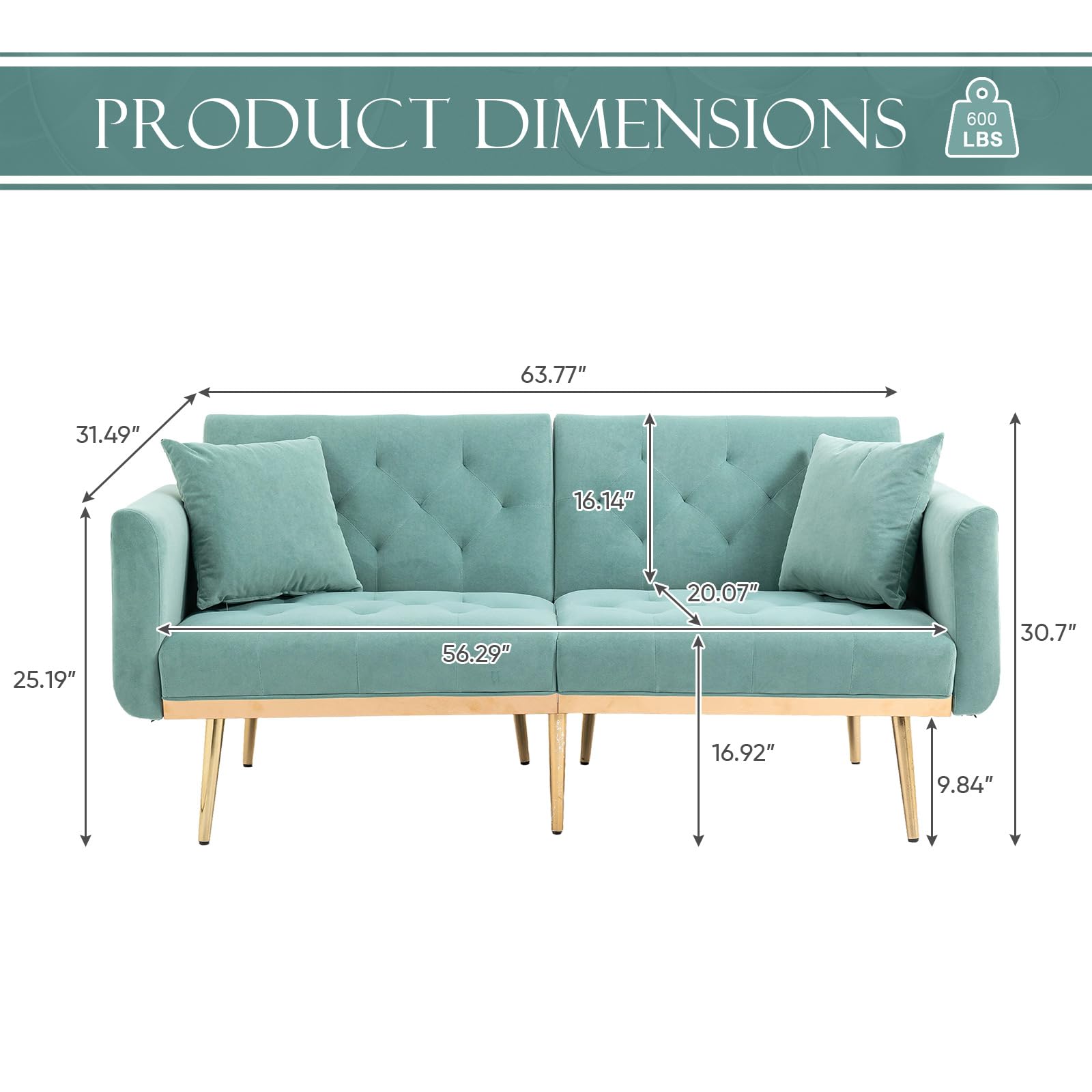 Convertible Velvet Futon Sofa Bed, Upholstered Loveseat Sleeper Couch with 3 Reclining Angles and 2 Pillows, Modern Living Room Sofa Couch with 5 Solid Metal Legs for Guest Room, Office, Mint Green