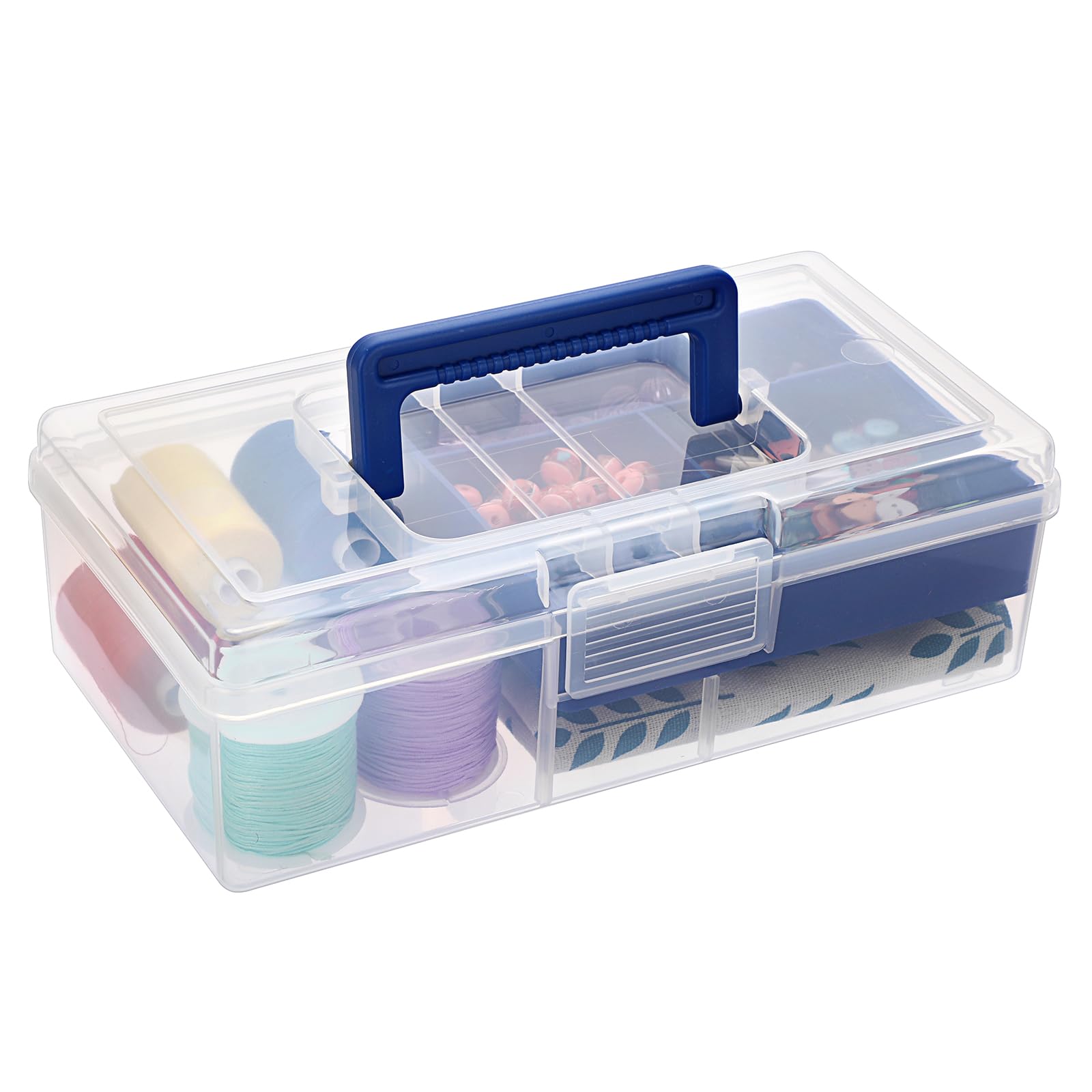 BTSKY Clear Plastic Storage Box with Removable Tray Multipurpose Stationery Storage Box with Handle Handy Sewing Box Art Craft Supply Organizer Home Utility Box (Blue)