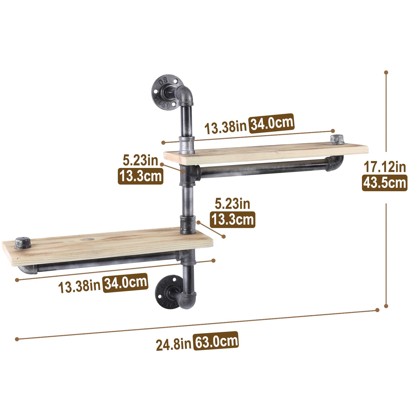 MENZOM Rustic Industrial Pipe Shelves - Corner Floating Shelf with Wood Panels - 2-Tier Wall Mounted Bookshelf - Versatile Storage Solution for Bedroom,and Home Decor - Wall Floating Pipe Rack（K）